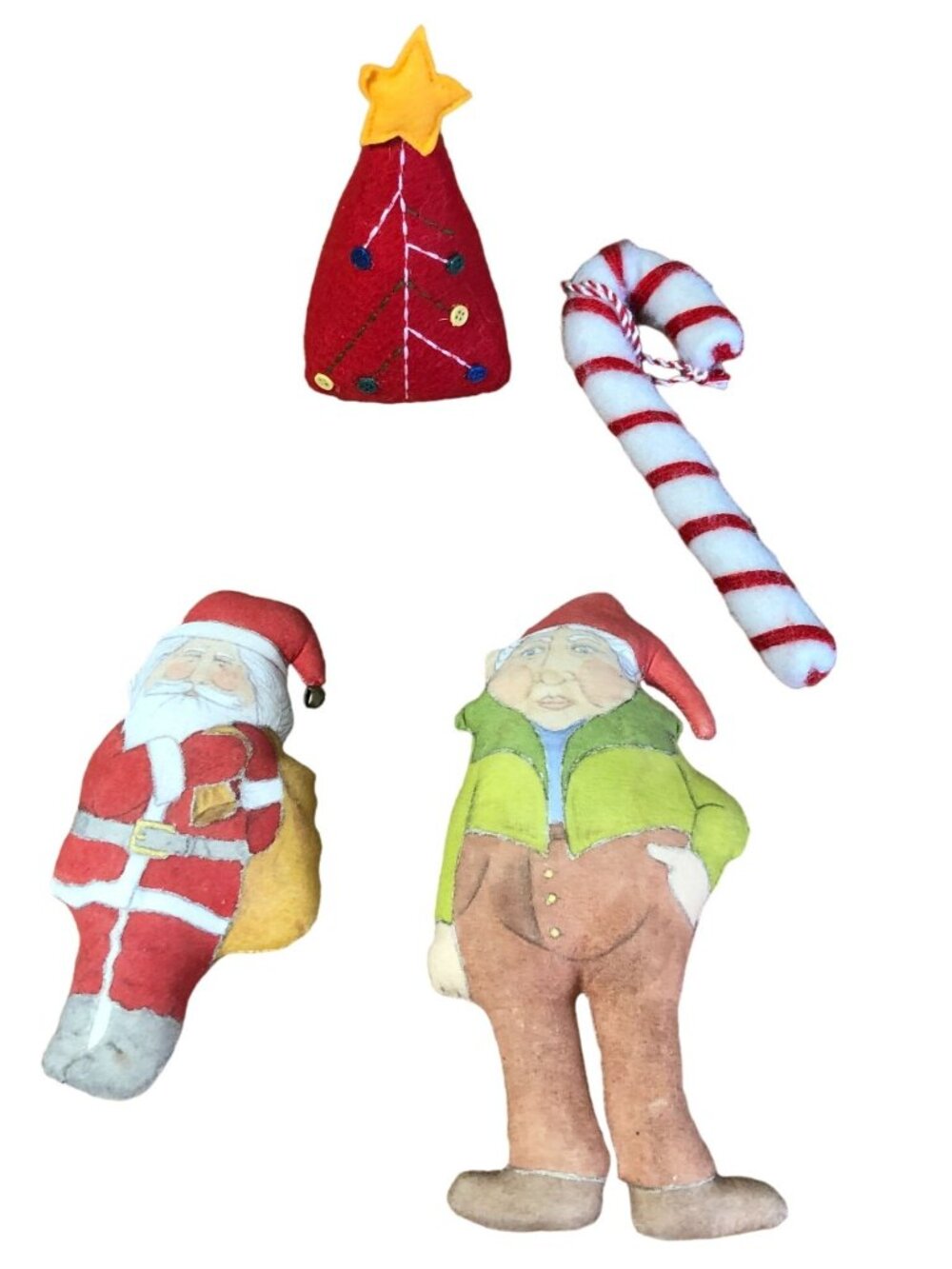 Vintage Christmas Decor Ornaments Stuffd Plush Elf Santa Candy Cane Tree Holiday